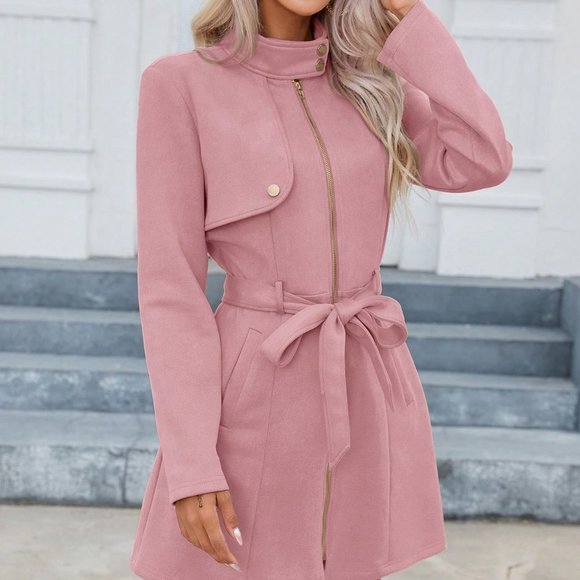 Pink Preppy Womens  Zip Up Belted Coat - Picture 2 of 6